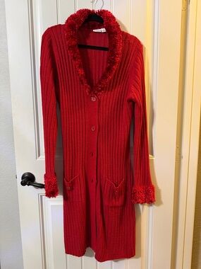 Cato Red Long Ribbed Cardigan with Faux-Fur Trim